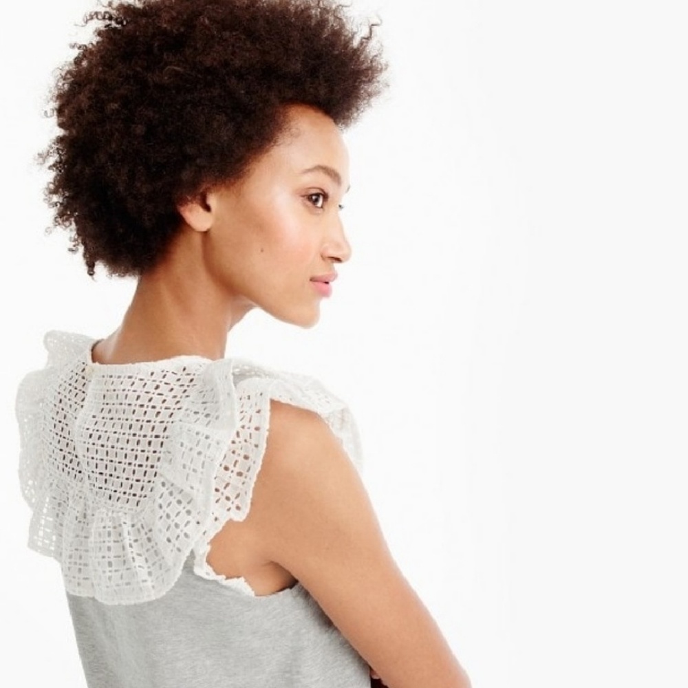 J. Crew Ruffle Bib T-shirt Gray and white